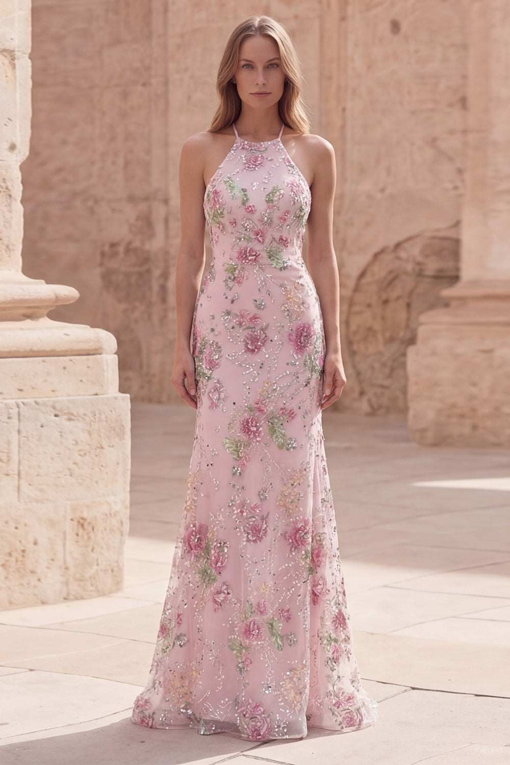 Sparkly Pink Mermaid Long Sequin Floral Prom Dress