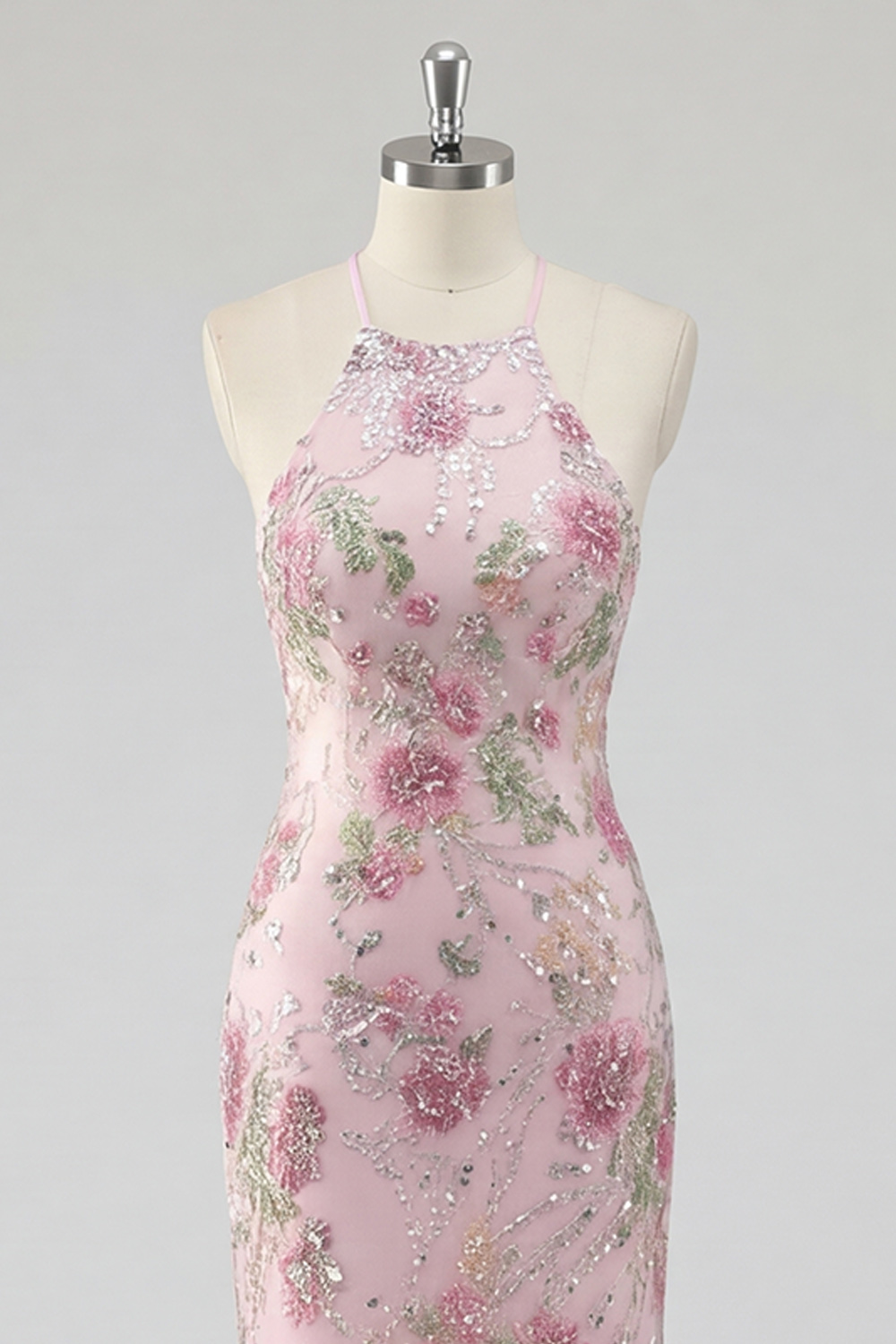 Sparkly Pink Mermaid Long Sequin Floral Prom Dress