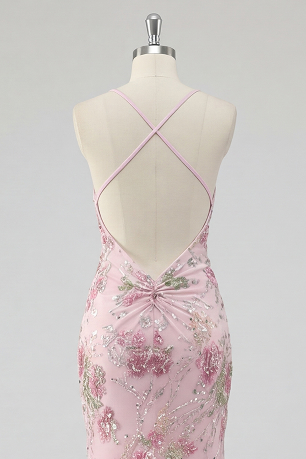 Sparkly Pink Mermaid Long Sequin Floral Prom Dress