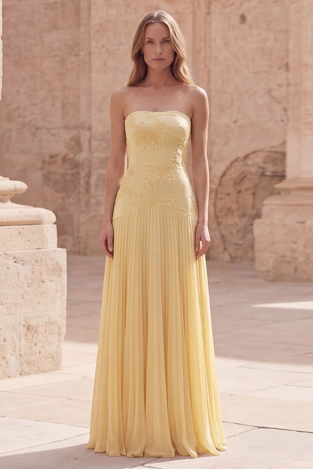 Yellow Strapless Appliqued A Line Long Prom Dress with Pleats