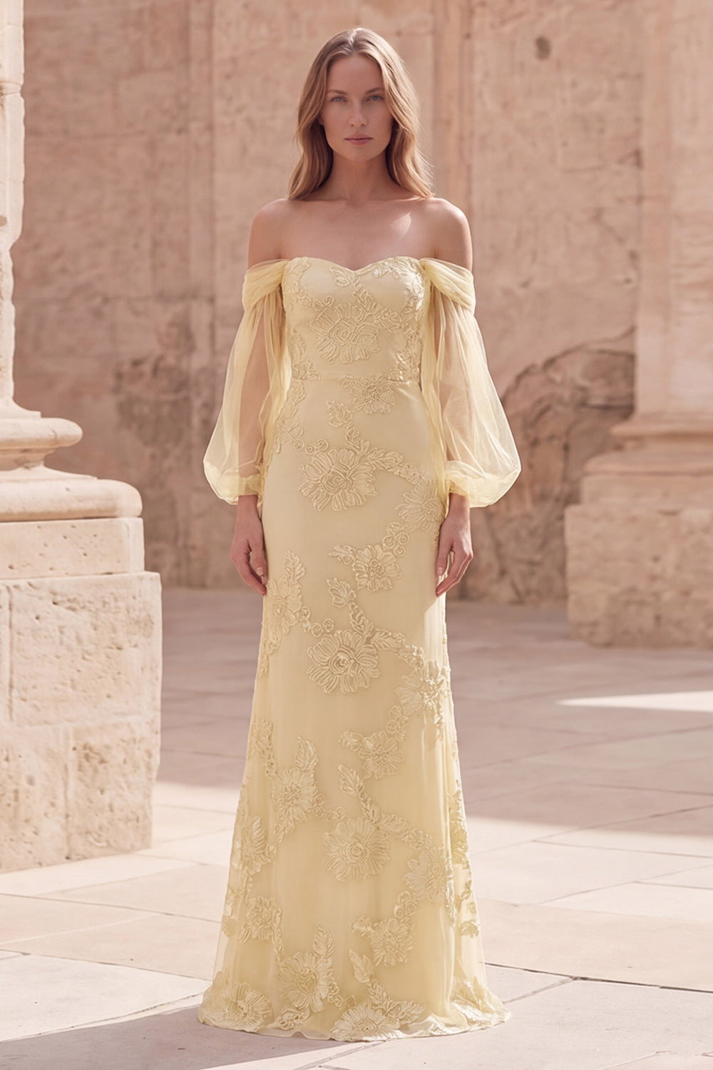 Off the Shoulder Mermaid Yellow Appliqued Long Prom Dress