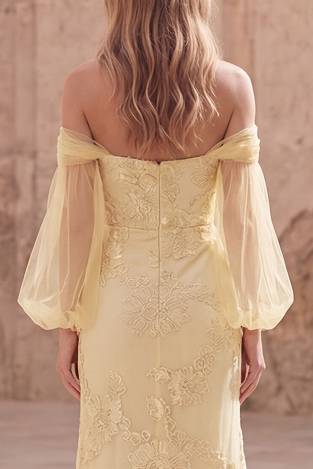 Off the Shoulder Mermaid Yellow Appliqued Long Prom Dress