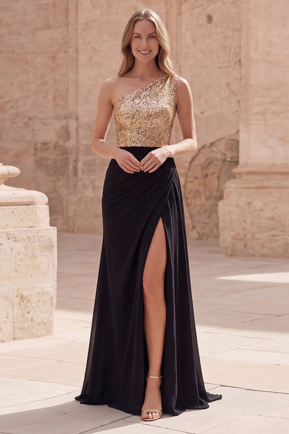 Sparkly Gold A Line and Black Sequin Long Prom Dress with Slit