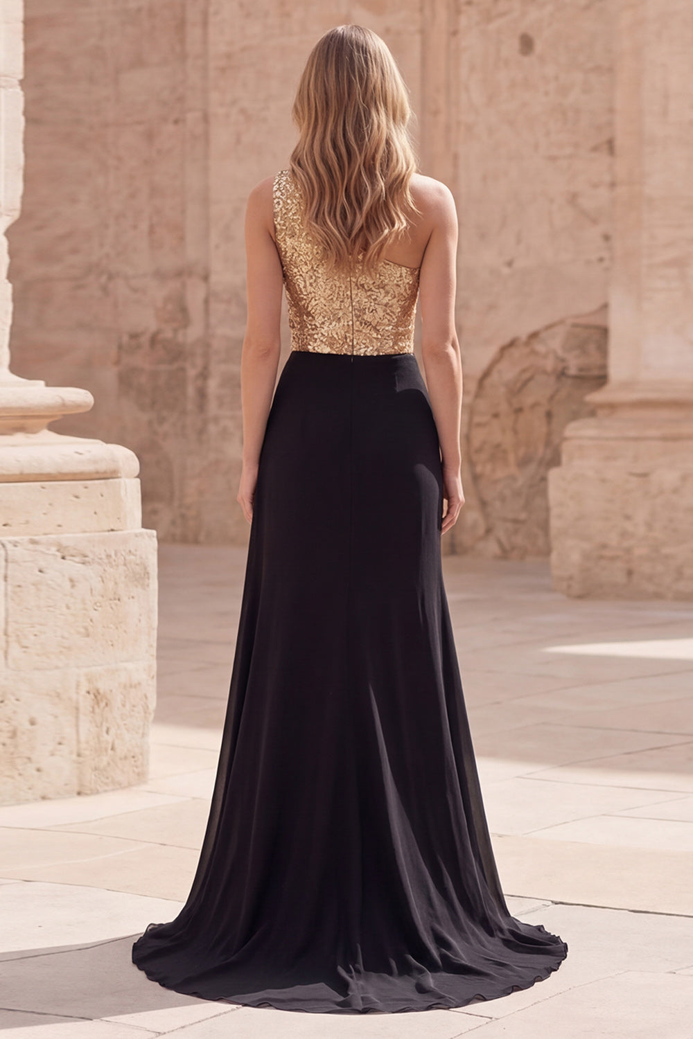 Sparkly Gold A Line and Black Sequin Long Prom Dress with Slit
