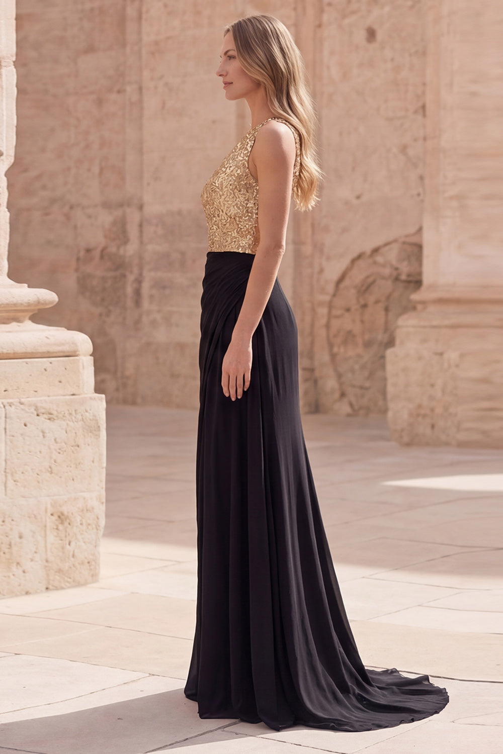 Sparkly Gold A Line and Black Sequin Long Prom Dress with Slit