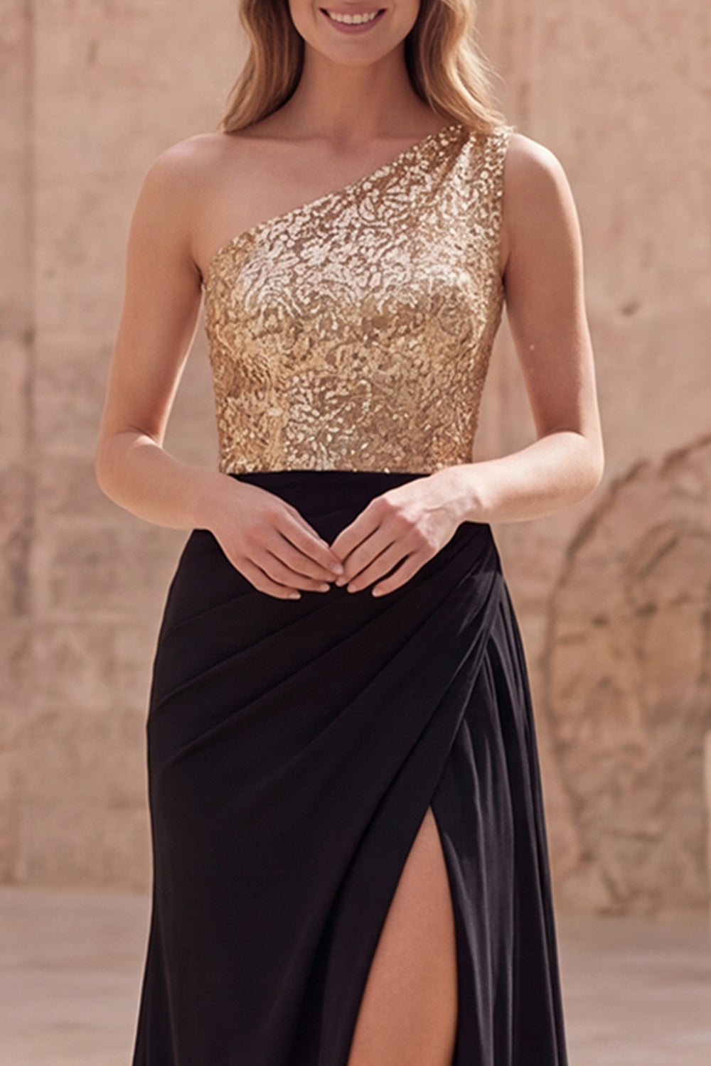Sparkly Gold A Line and Black Sequin Long Prom Dress with Slit