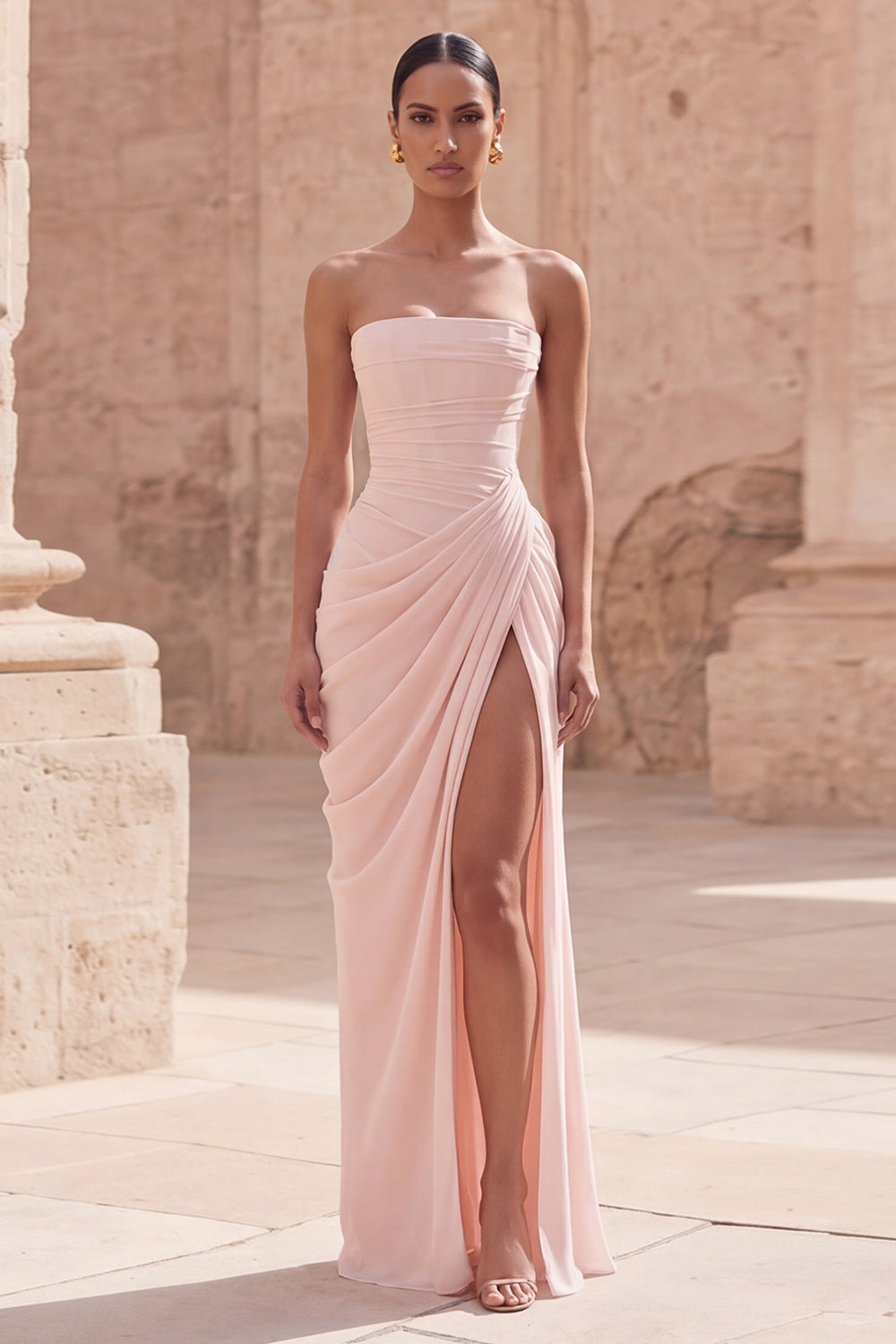 Light Pink Sheath Long Ruched Prom Dress with Slit