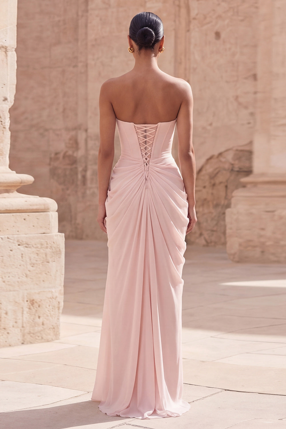 Light Pink Sheath Long Ruched Prom Dress with Slit
