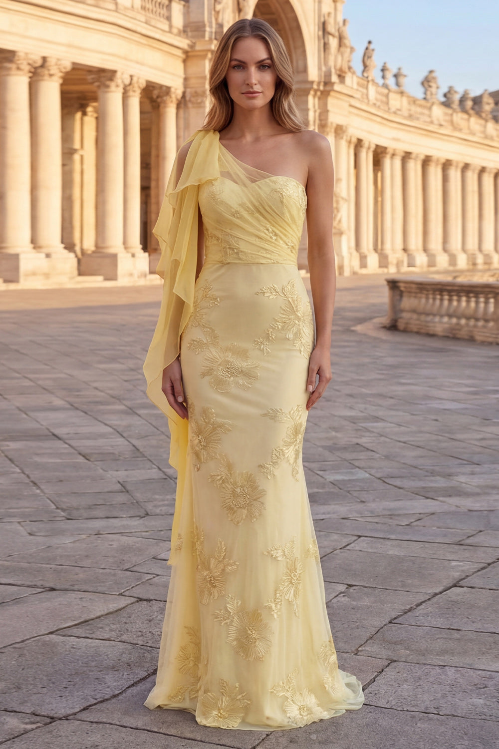 Long Appliqued Mermaid Yellow Prom Dress with Side Cape