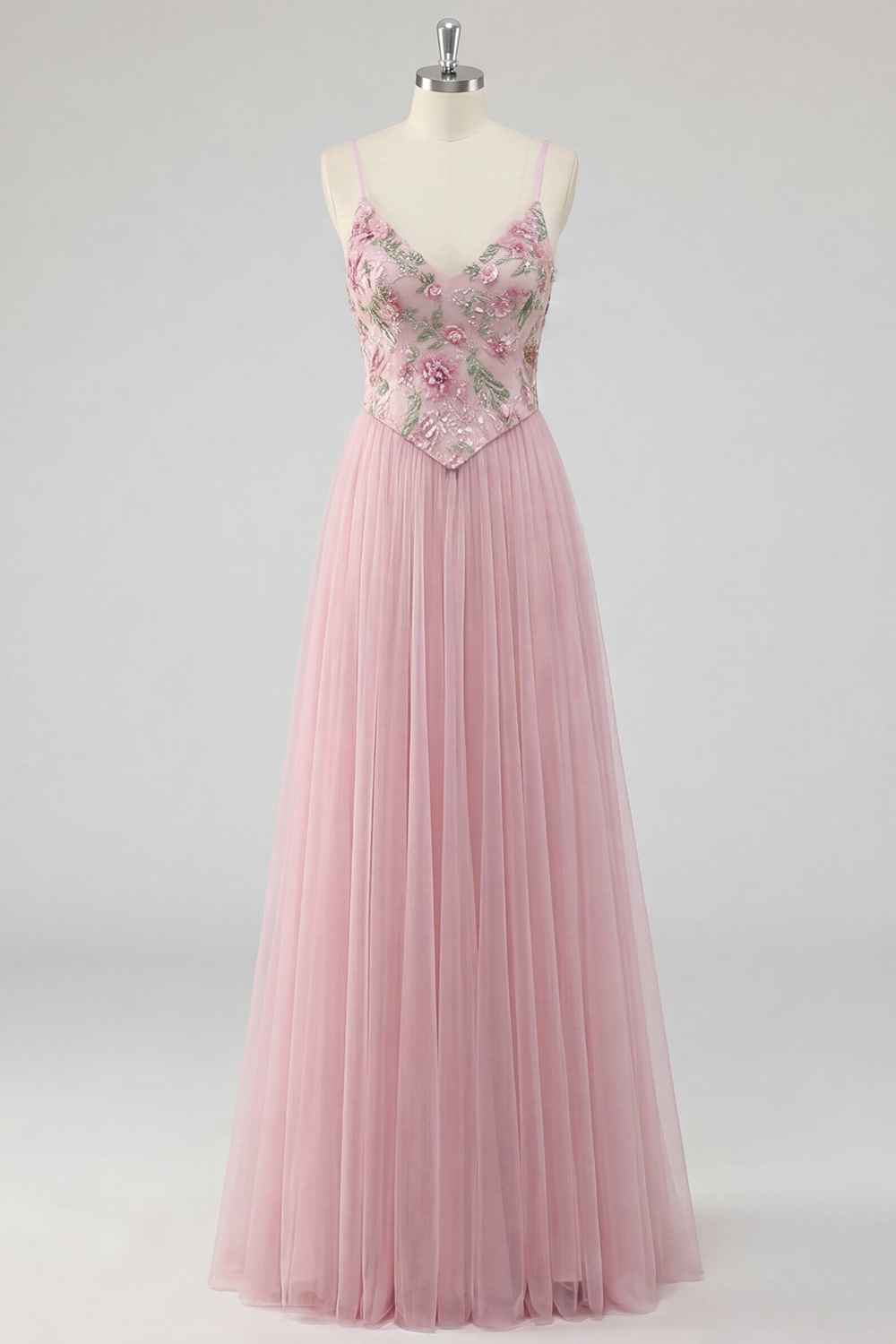 Pink Long Spaghetti Straps Floral A Line Prom Dress