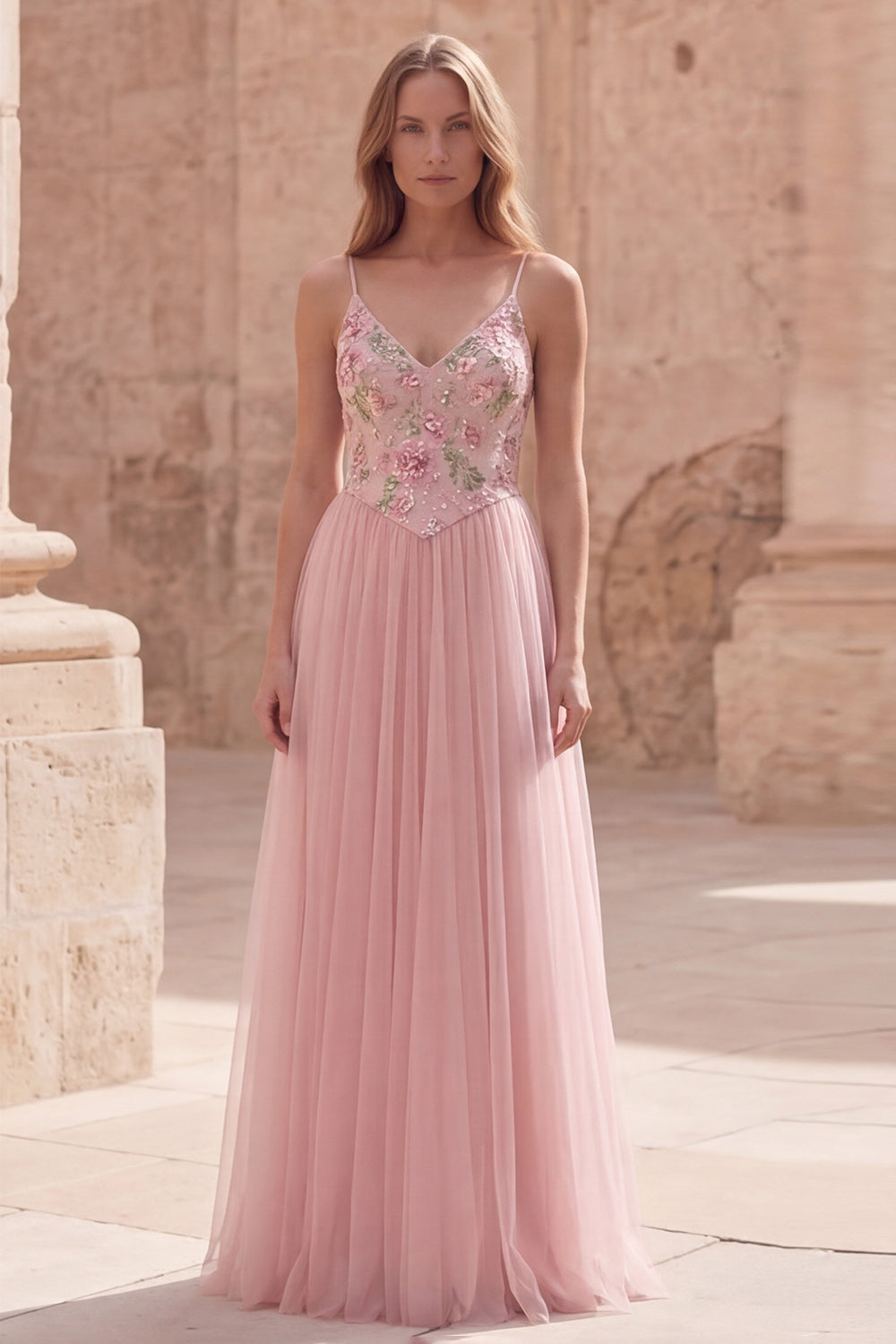 Pink Long Spaghetti Straps Floral A Line Prom Dress