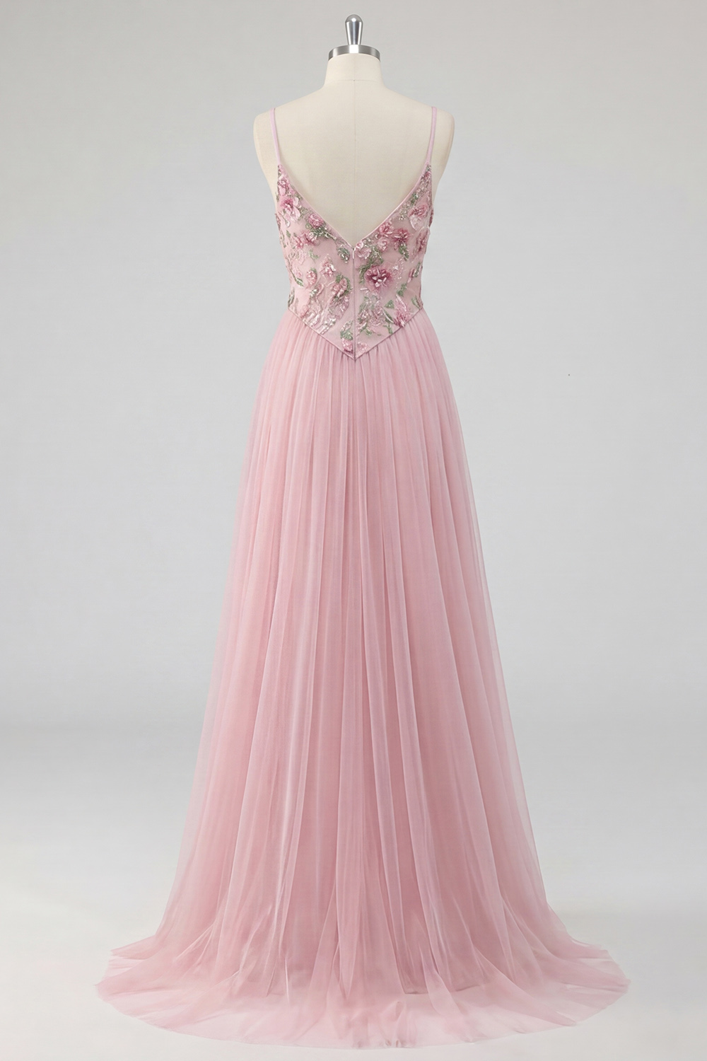 Pink Long Spaghetti Straps Floral A Line Prom Dress