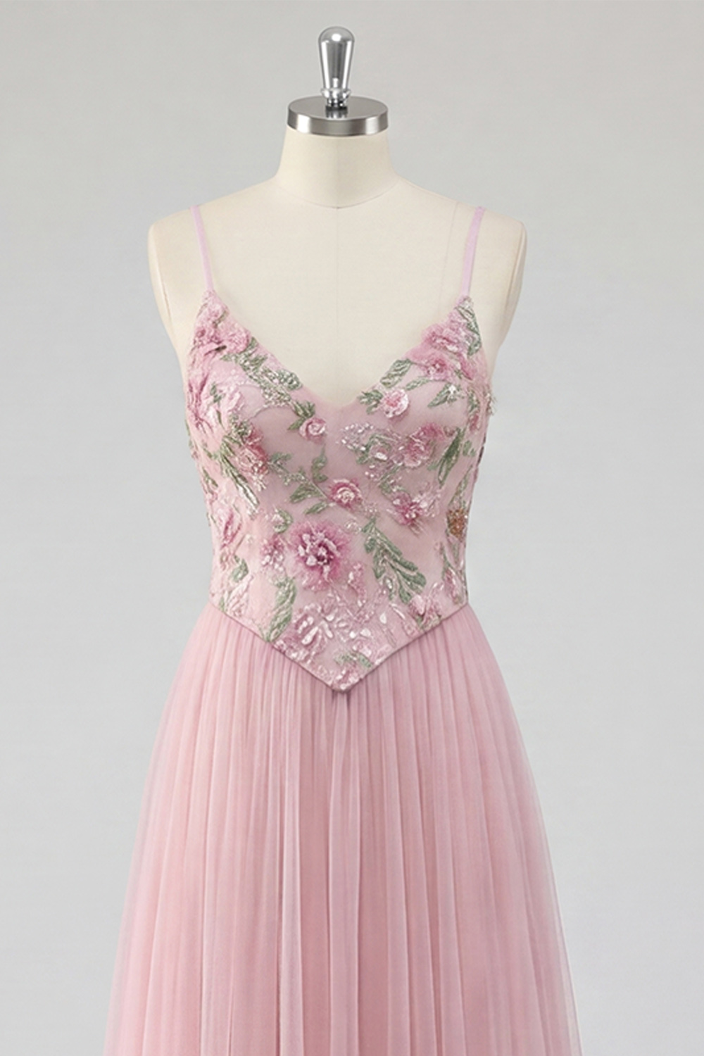 Pink Long Spaghetti Straps Floral A Line Prom Dress