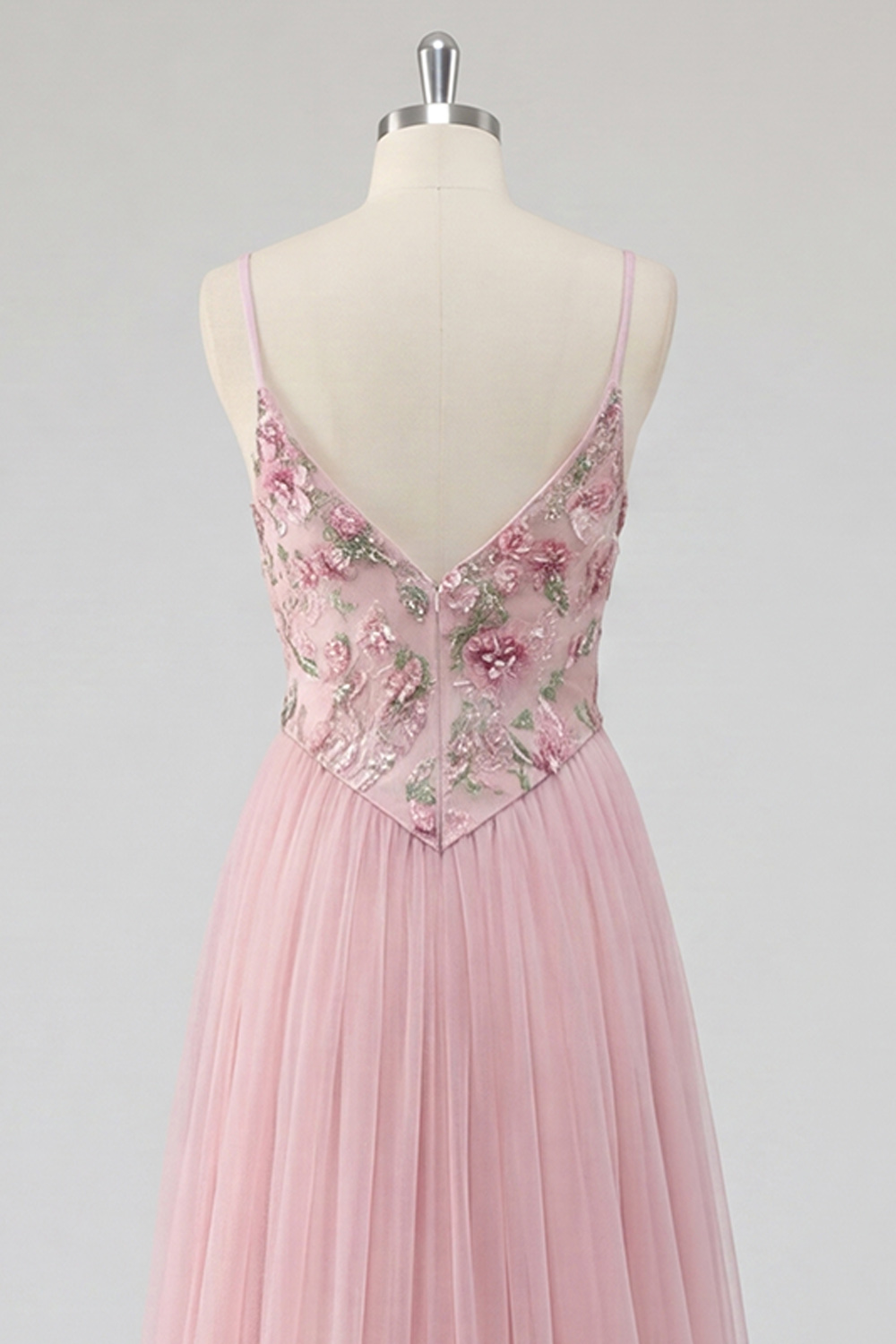 Pink Long Spaghetti Straps Floral A Line Prom Dress