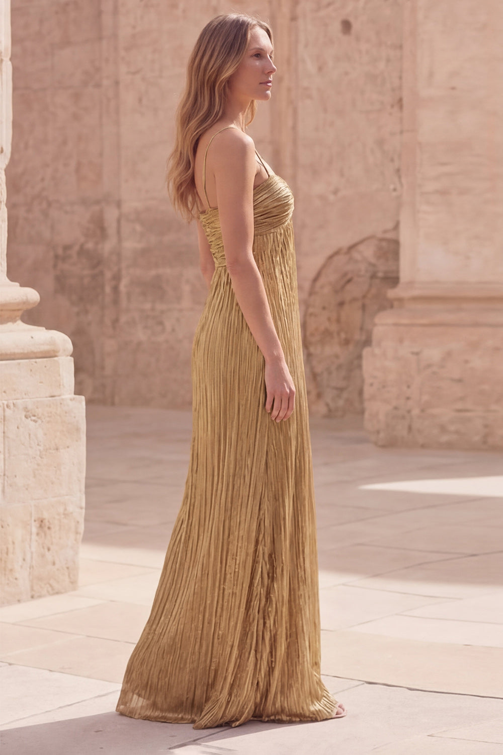 Gold A Line Long Spaghetti Straps Prom Dress with Pleats