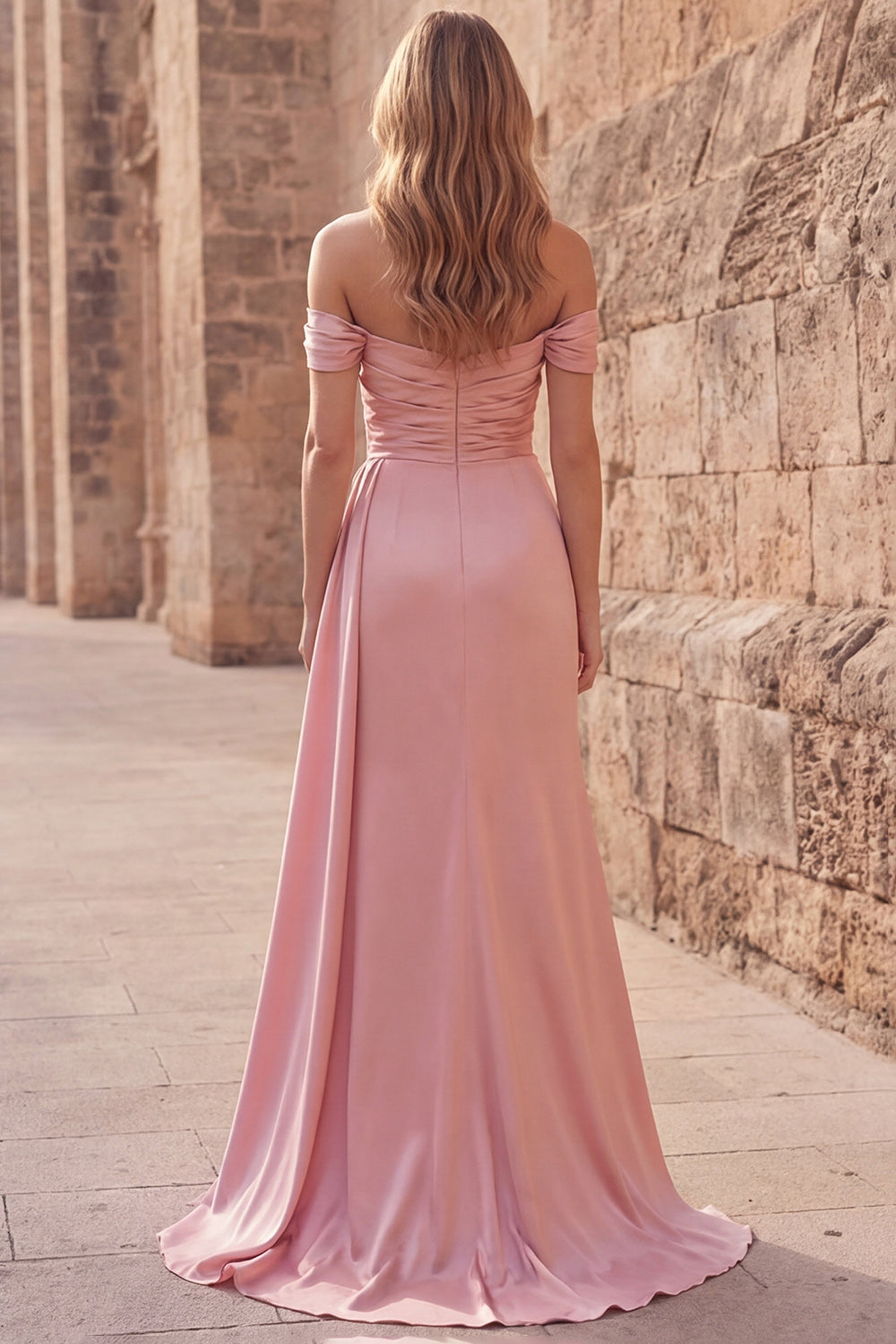 Ruched Pink Off the Shoulder Sheath Long Prom Dress with Slit