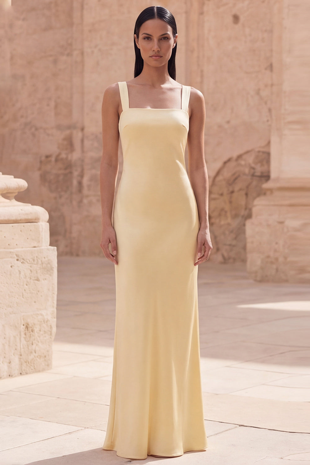 Square Neck Sheath Yellow Long Prom Dress