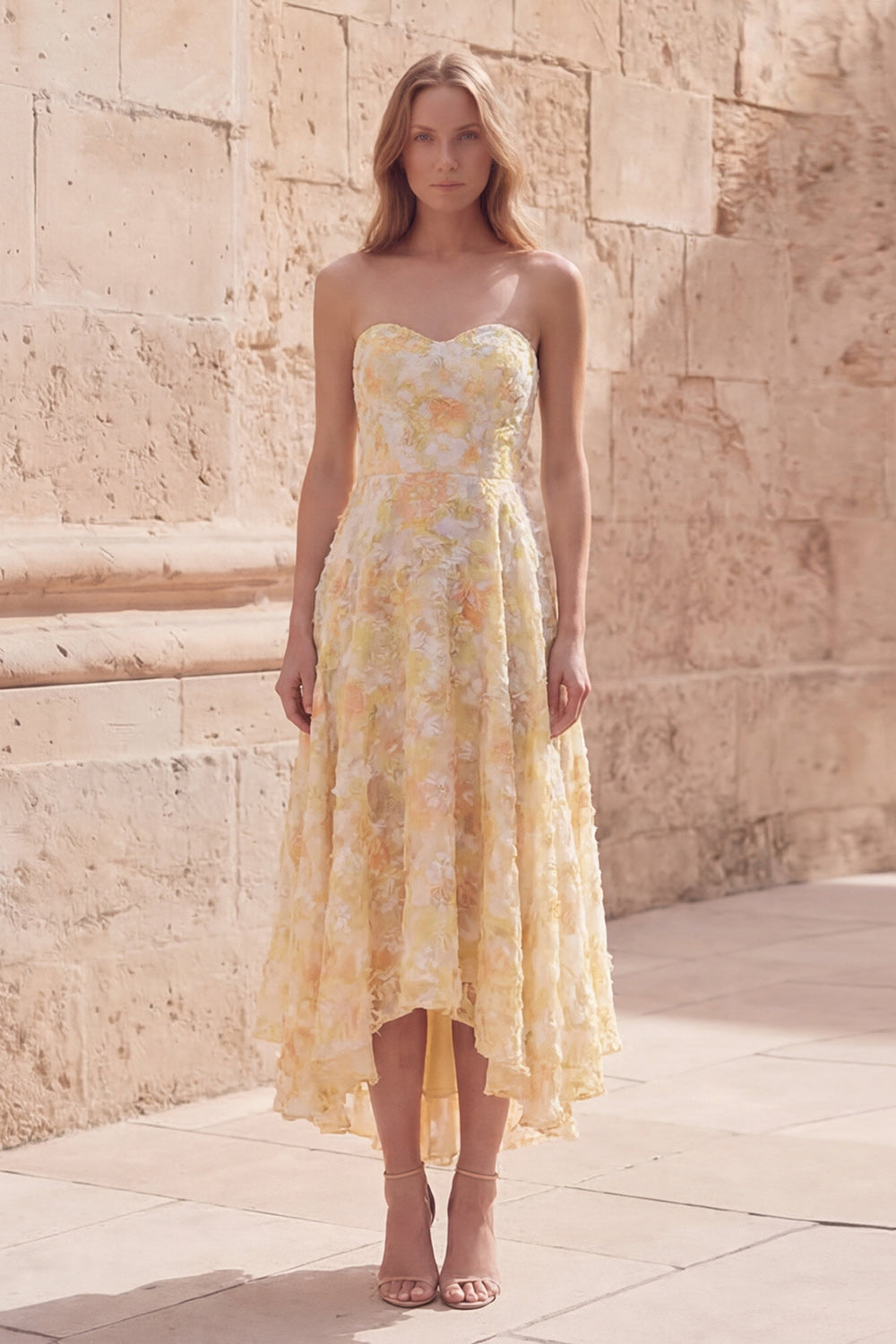 Yellow Floral Strapless Asymmetrical  A Line Prom Dress