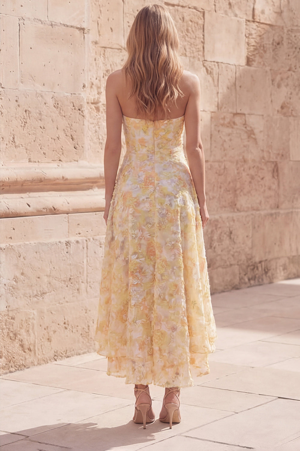 Yellow Floral Strapless Asymmetrical  A Line Prom Dress