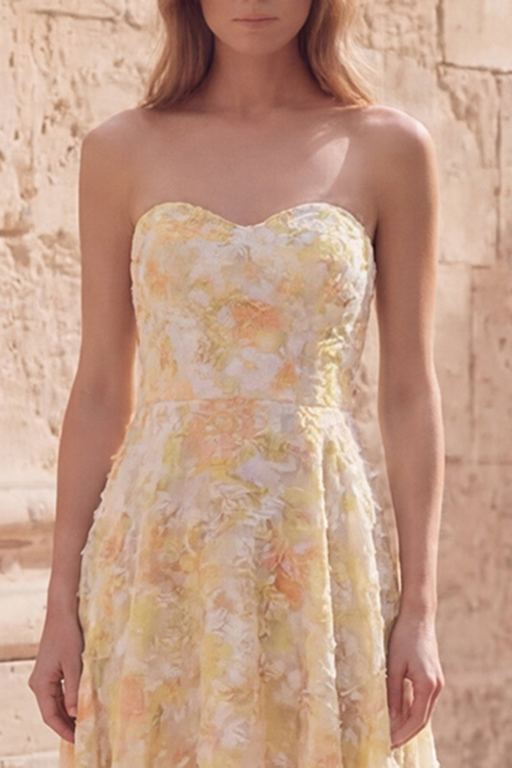 Yellow Floral Strapless Asymmetrical  A Line Prom Dress