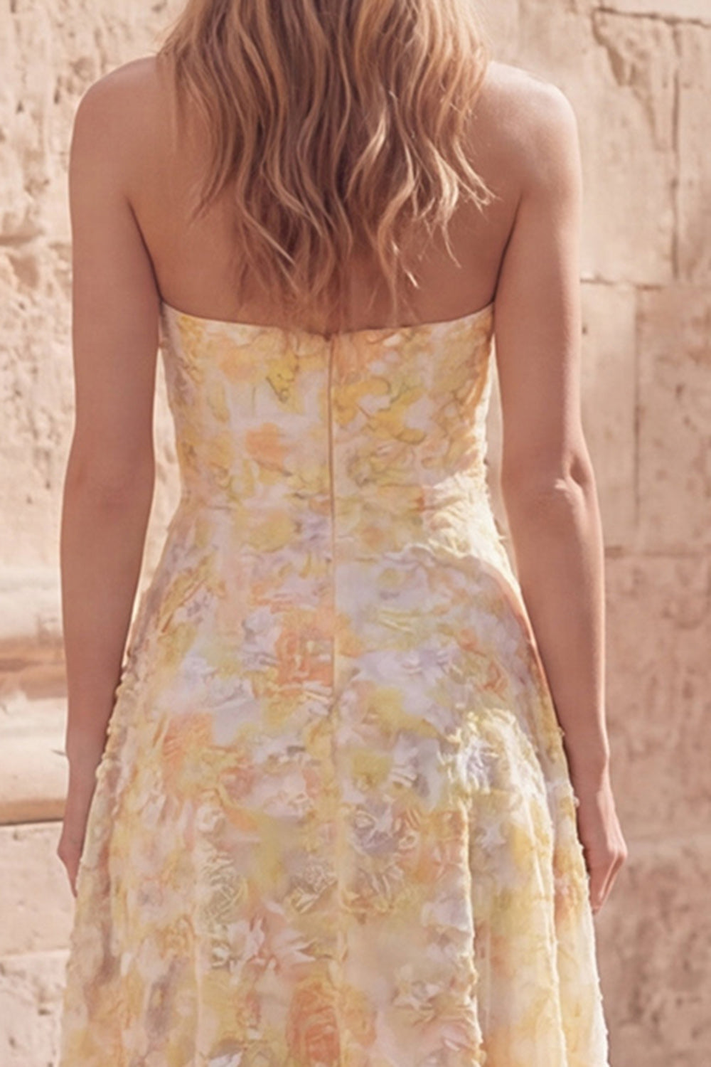 Yellow Floral Strapless Asymmetrical  A Line Prom Dress