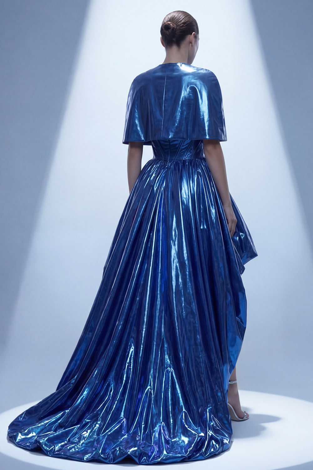 High Low Navy A Line Metallic Glitter Detachable Cape Corset Vintage 80s Prom Dress