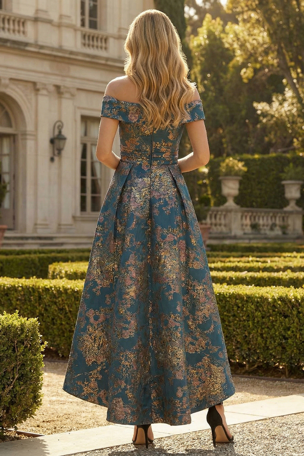 Peacock Blue Off the Shoulder A Line Asymmetrical Floral Prom Dress