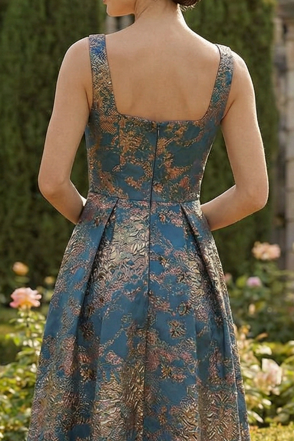 Peacock Blue Square Neck A Line Asymmetrical Prom Dress