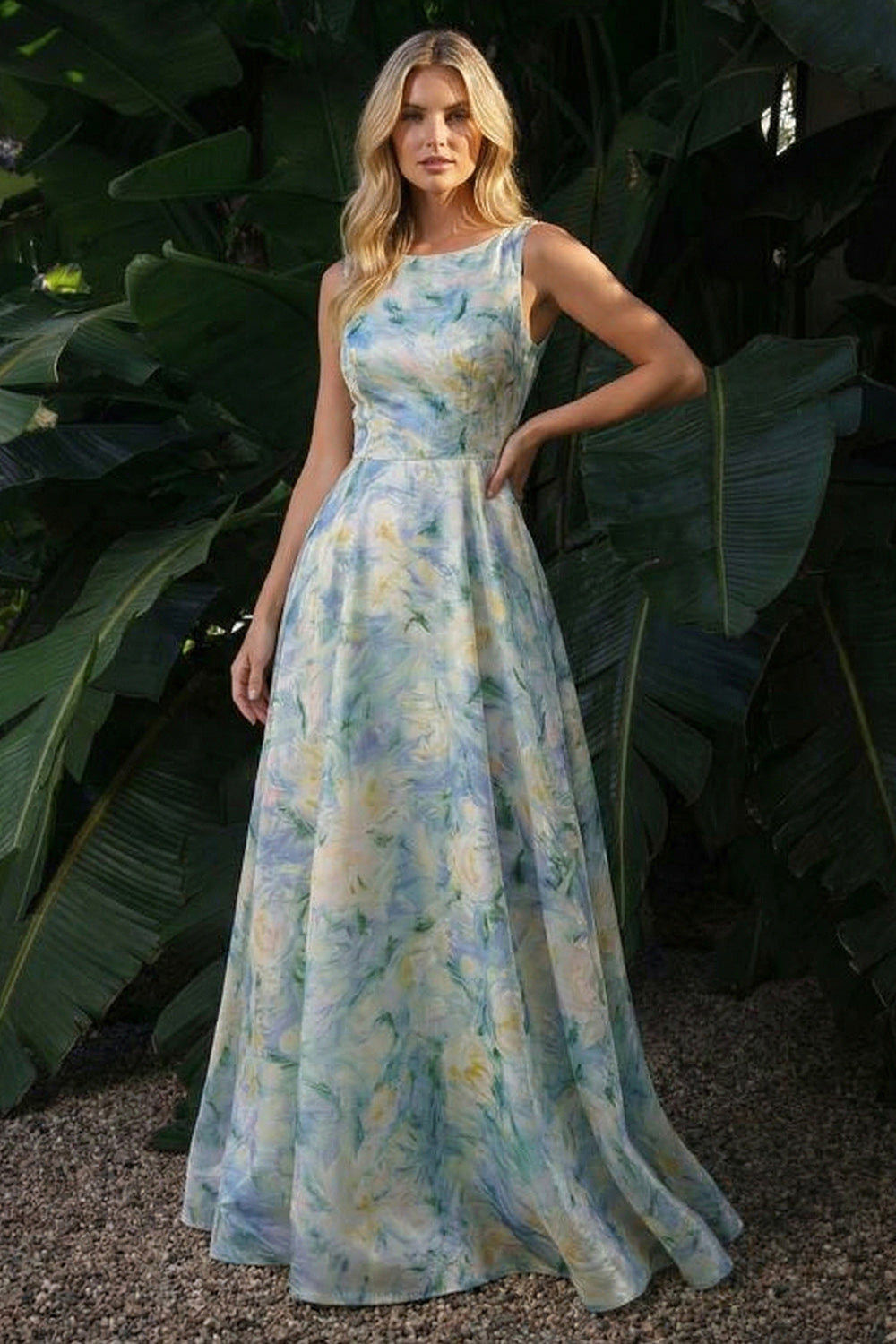 Light Green A Line Boat Neck Long Floral Prom Dress