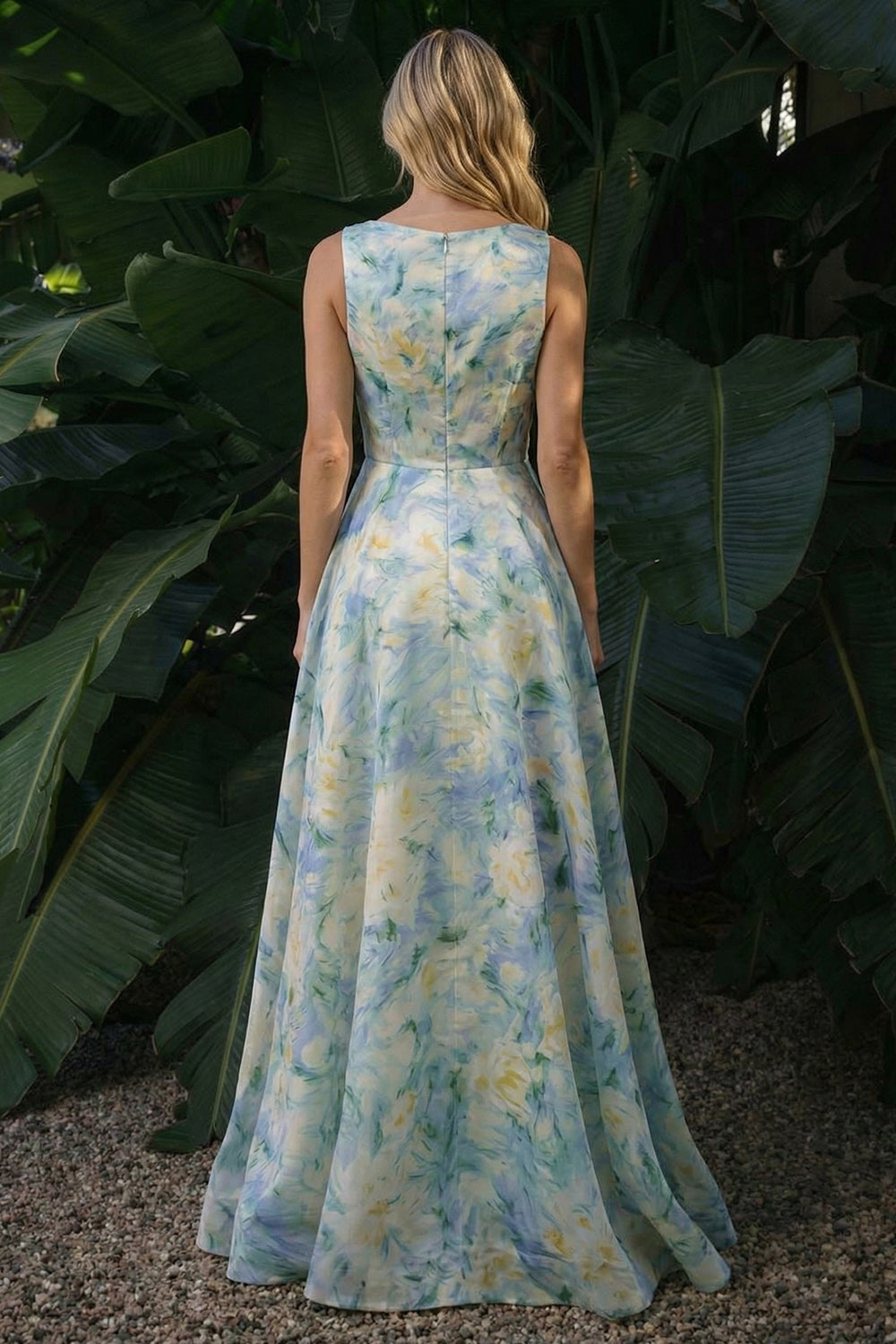 Light Green A Line Boat Neck Long Floral Prom Dress