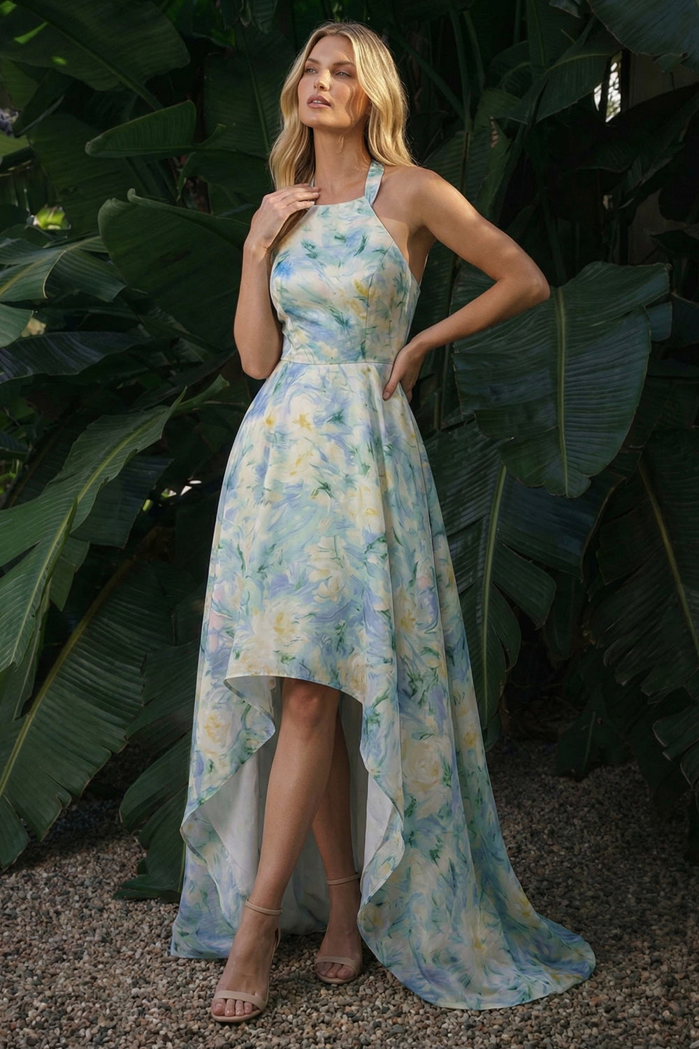 Light Green Floral A Line High-Low Prom Dress