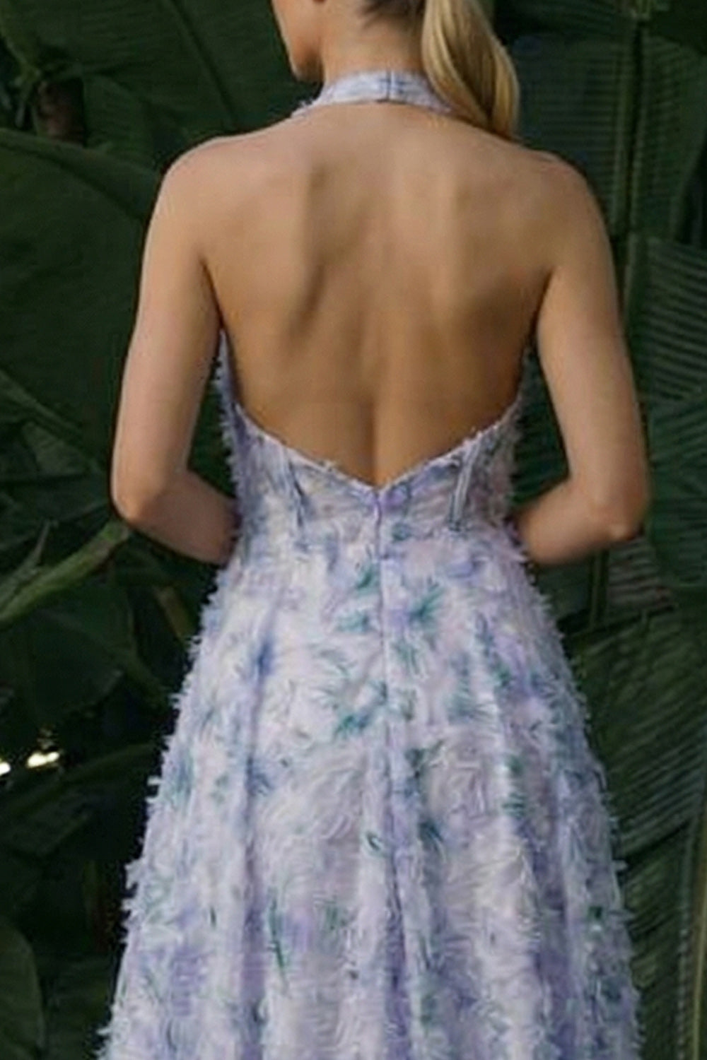 Light Purple A Line Backless Floral Long Halter Prom Dress