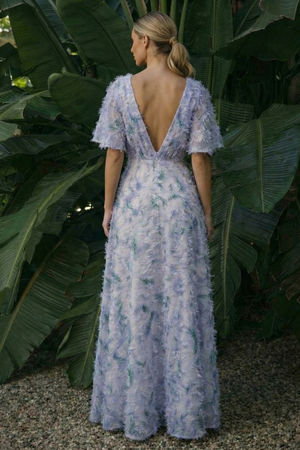 Light Purple Backless Floral Long A Line Prom Dress