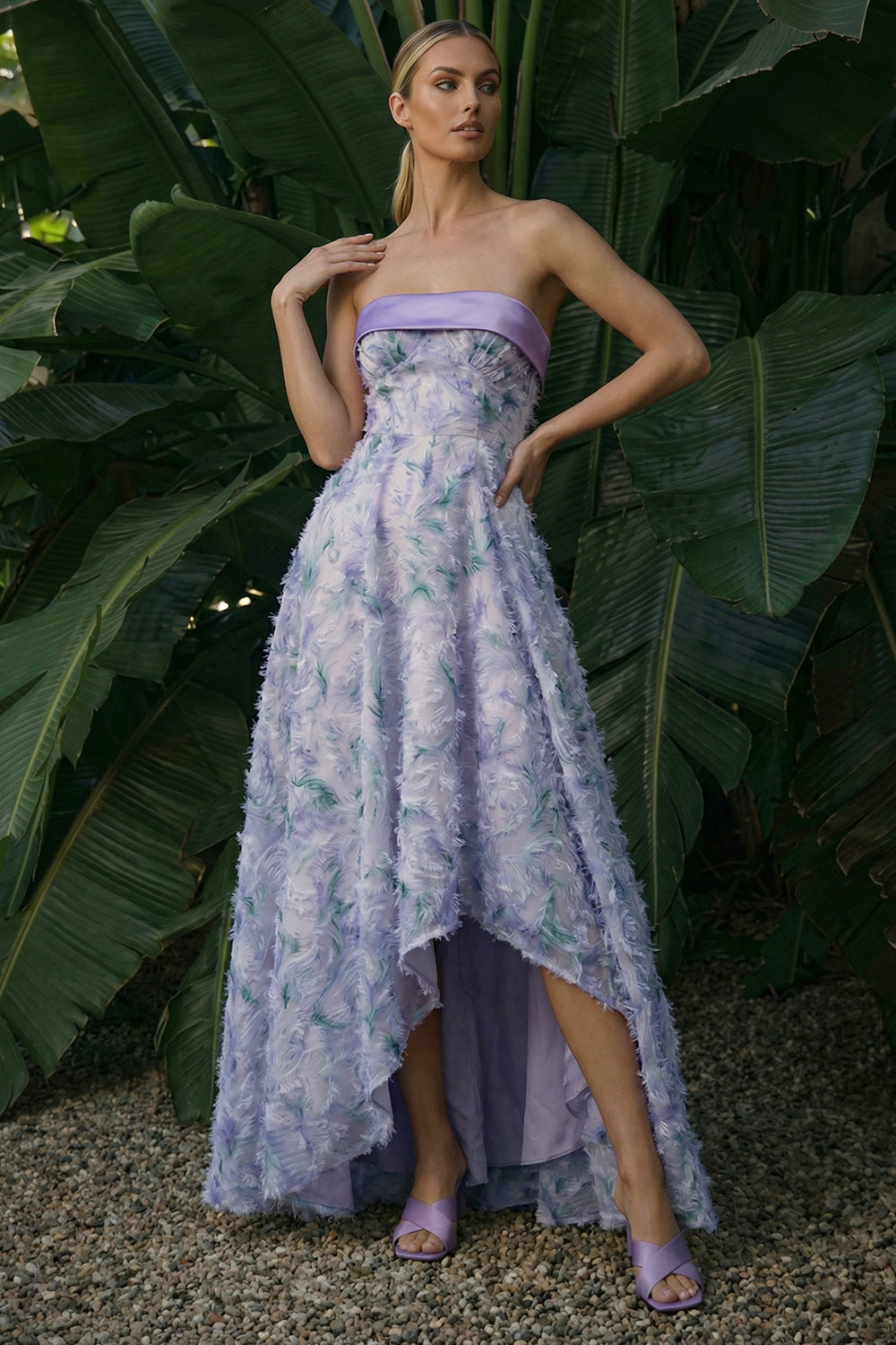 Light Purple Strapless Asymmetrical Floral A Line Prom Dress