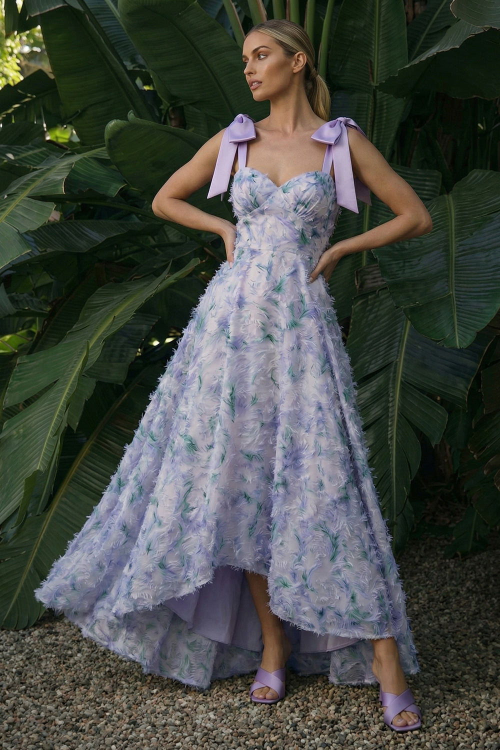Light Purple Floral A Line Long Prom Dress with Bows