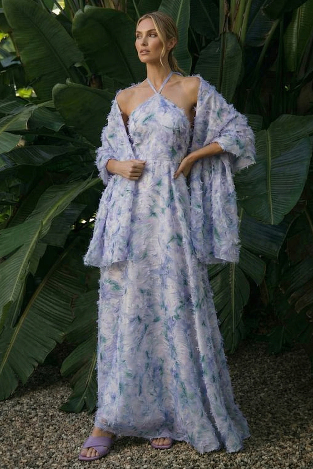 Light Purple Long A Line Floral Halter Backless Prom Dress