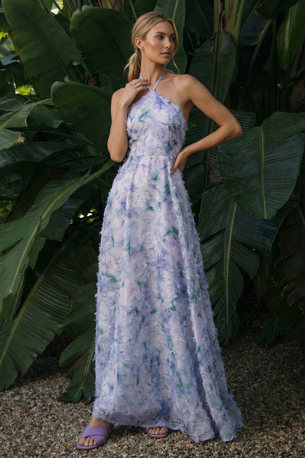 Light Purple Long A Line Floral Halter Backless Prom Dress