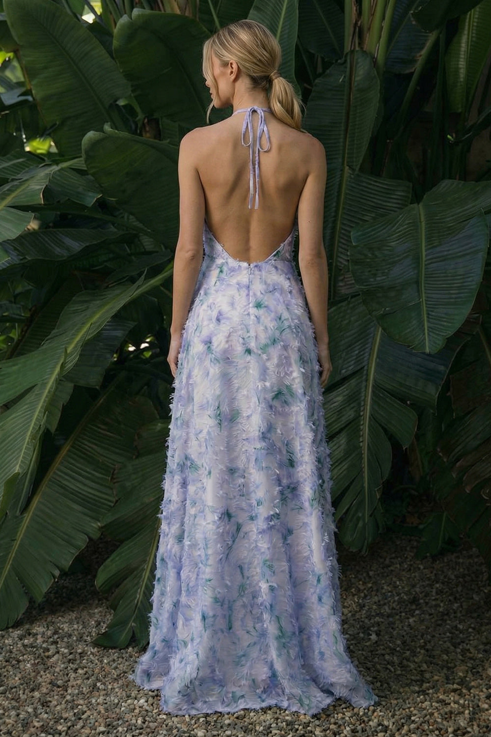 Light Purple Long A Line Floral Halter Backless Prom Dress