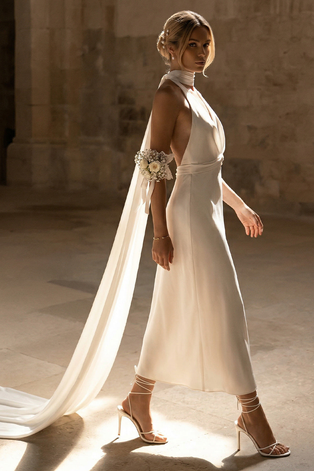 White Neck Scarf Sheath Maxi Beach Wedding Reception Dress