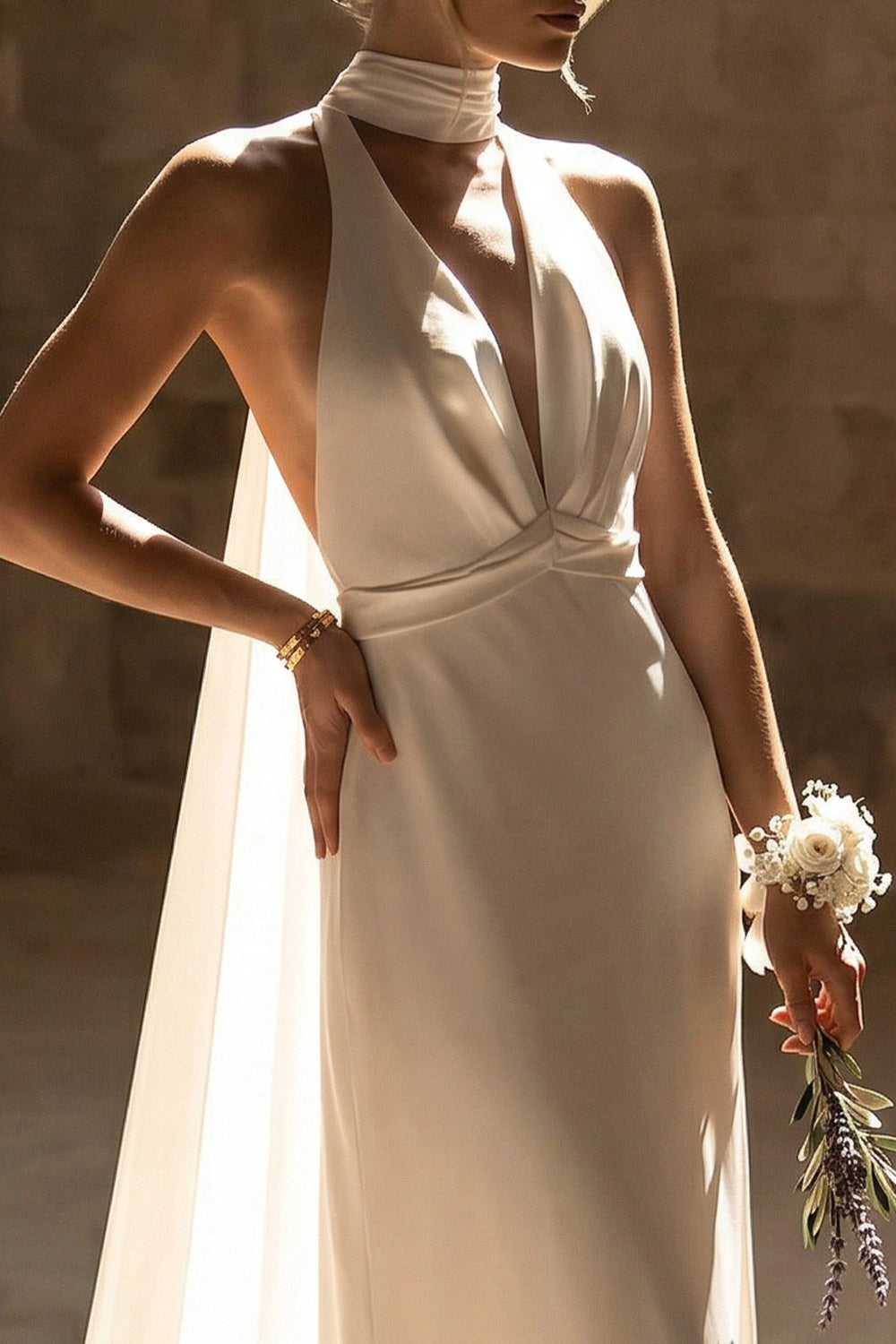 White Neck Scarf Sheath Maxi Beach Wedding Reception Dress