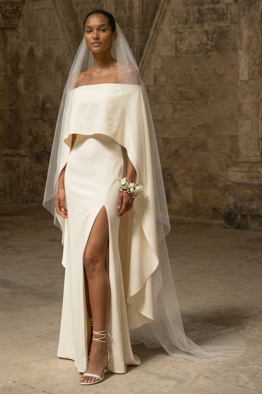 White Sheath Boho Maxi Wedding Reception Dress with Slit