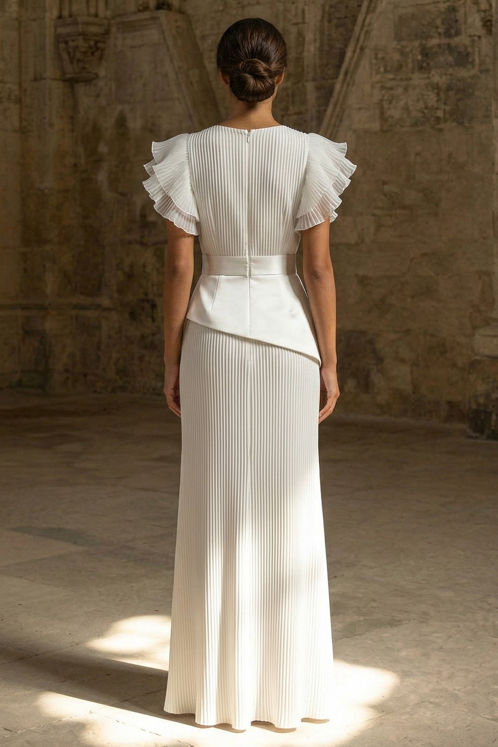 White Round Neck Pleated Sheath Maxi Beach Wedding Reception Dress with Ruffles