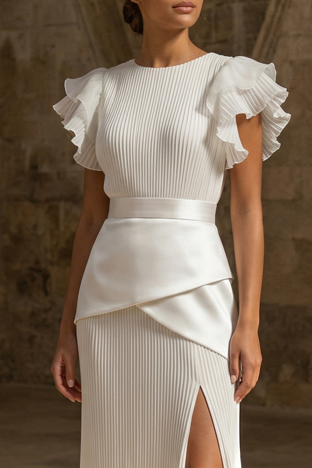 White Round Neck Pleated Sheath Maxi Beach Wedding Reception Dress with Ruffles