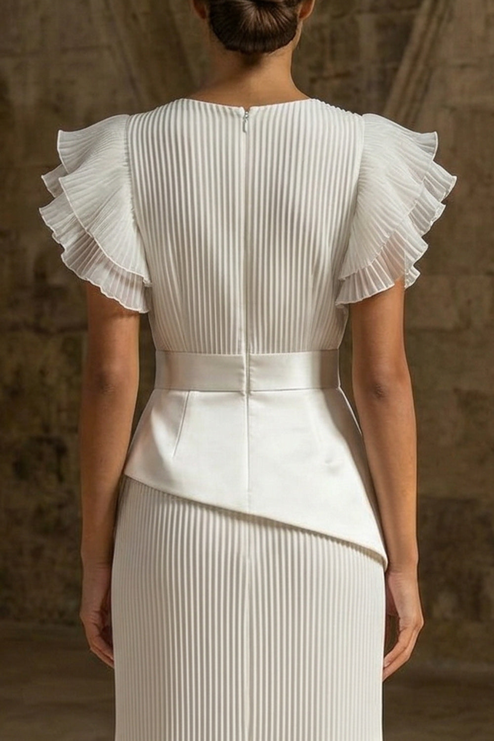 White Round Neck Pleated Sheath Maxi Beach Wedding Reception Dress with Ruffles