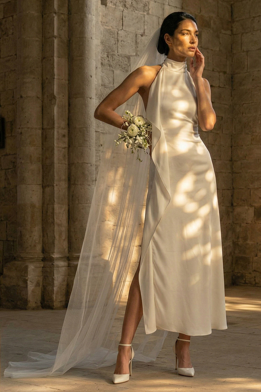 White Sheath High Neck Maxi Beach Wedding Reception Dress