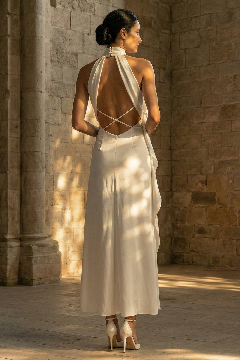 White Sheath High Neck Maxi Beach Wedding Reception Dress