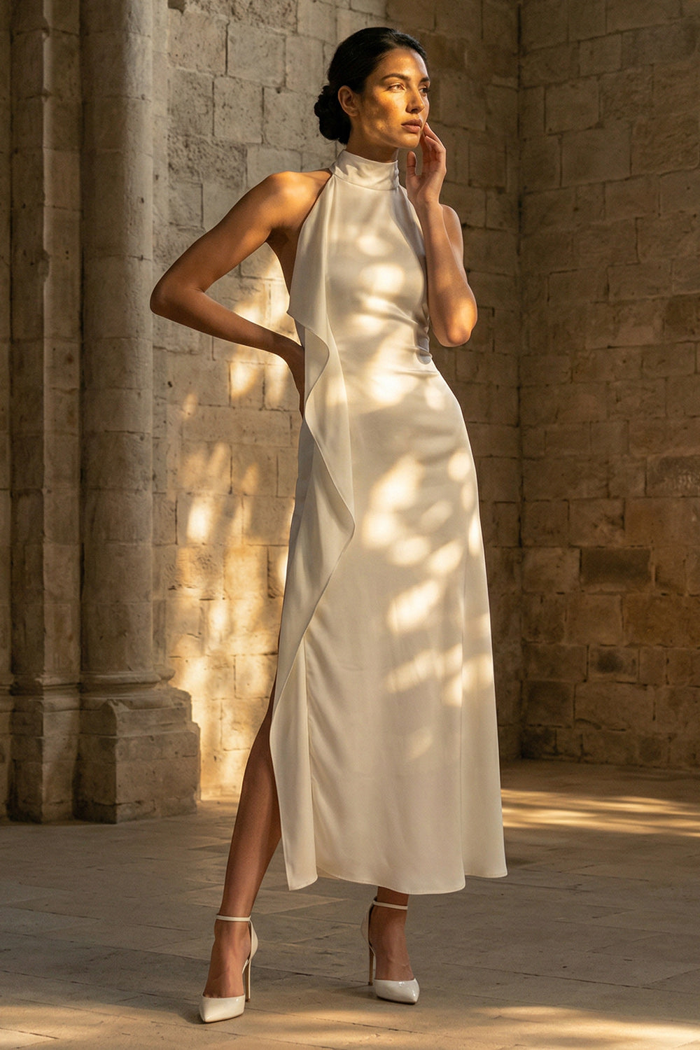 White Sheath High Neck Maxi Beach Wedding Reception Dress