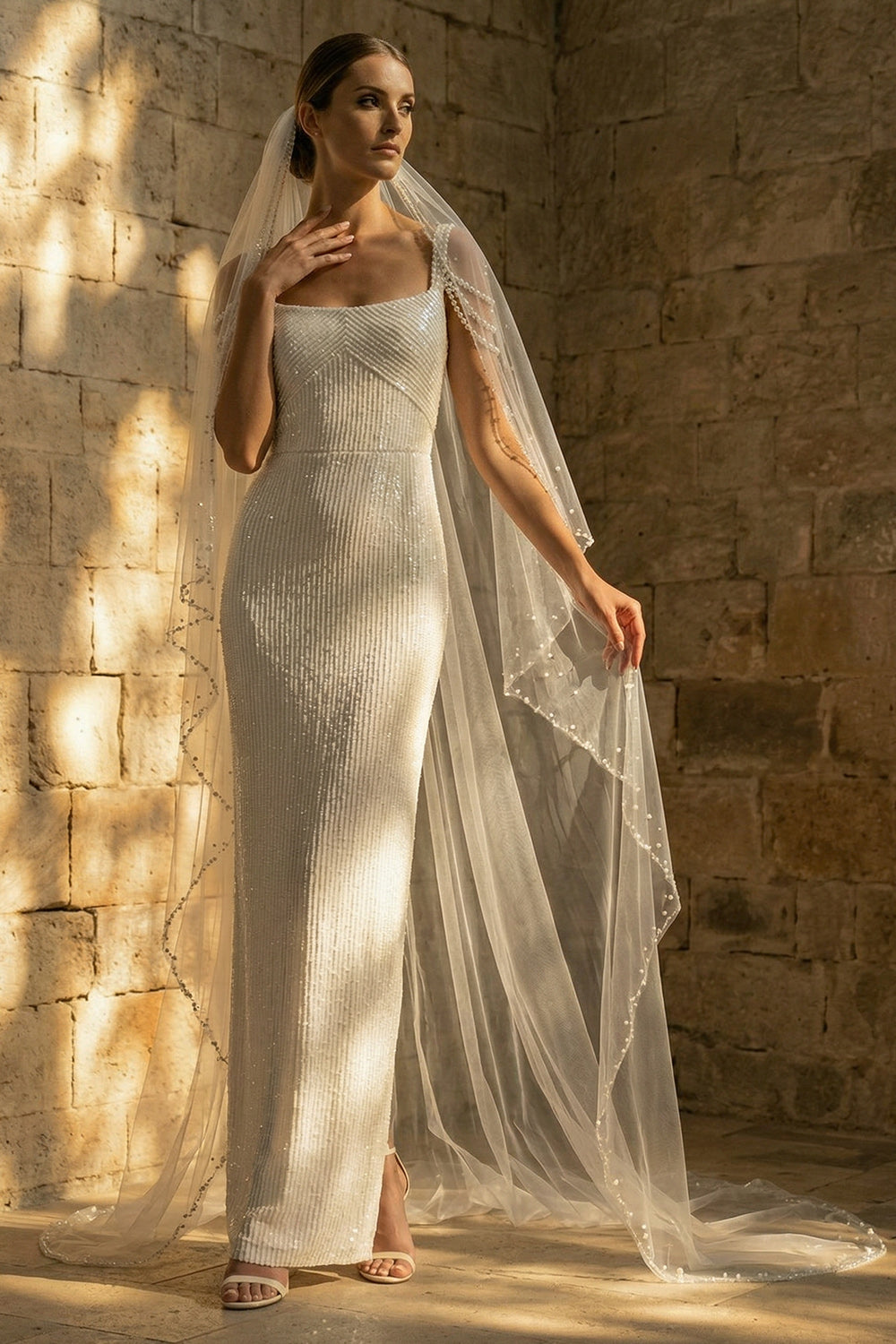 Sparkly White Sheath Maxi Sequin Wedding Reception Dress