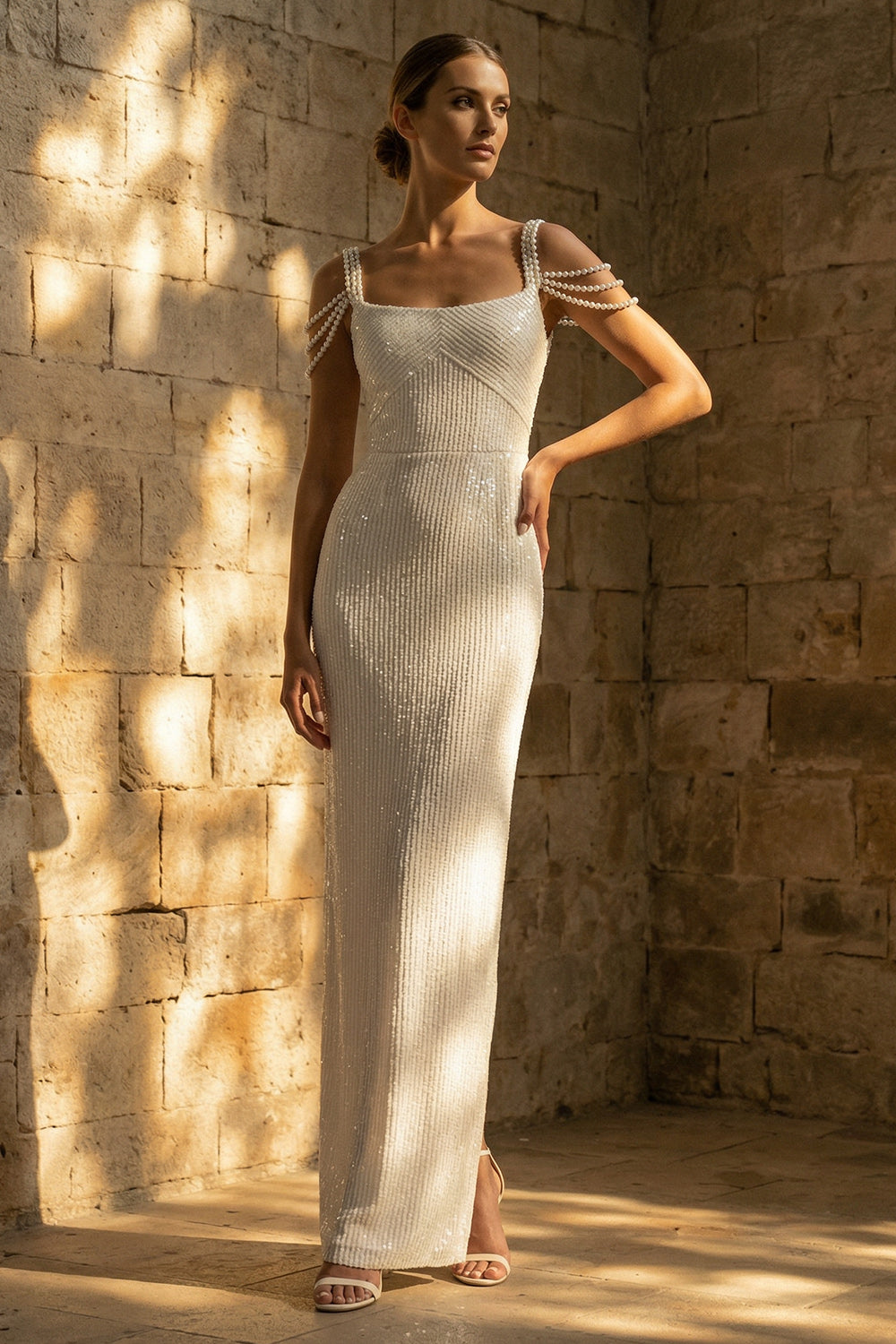 Sparkly White Sheath Maxi Sequin Wedding Reception Dress