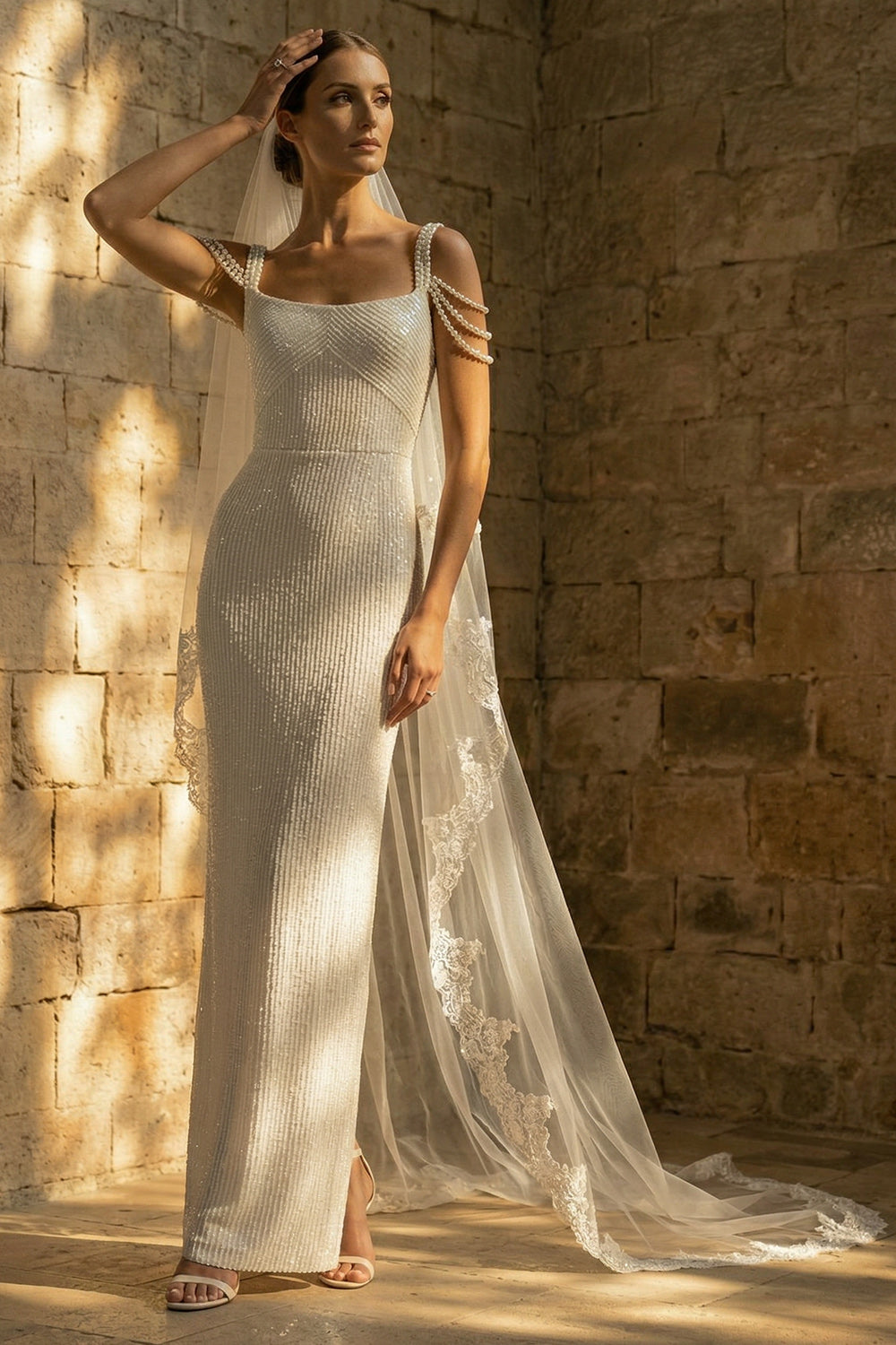 Sparkly White Sheath Maxi Sequin Wedding Reception Dress